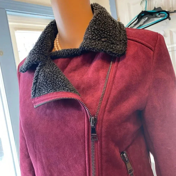 Y2K Vigoss Faux Fur Suede Burgundy Motorcycl Jacket Women S-M Pockets Full Zip - Picture 8 of 9